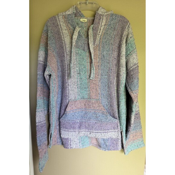 Artesanias Cuamatzi Tops - Artesanias Baja Hoodie Shirt Large Mexican Poncho W/hood Purple Pink Green Blue